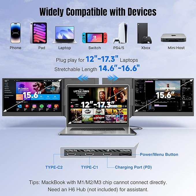 KEFEYA Laptop Screen Extender 15.6 1080P FHD IPS Ultra-Slim Triple Portable Monitor for Laptop 12-17.3 Eyes Care HDR Travel Monitor USB-C/HDMI Plug-Play Monitor Extender for macOS/Win and Phone