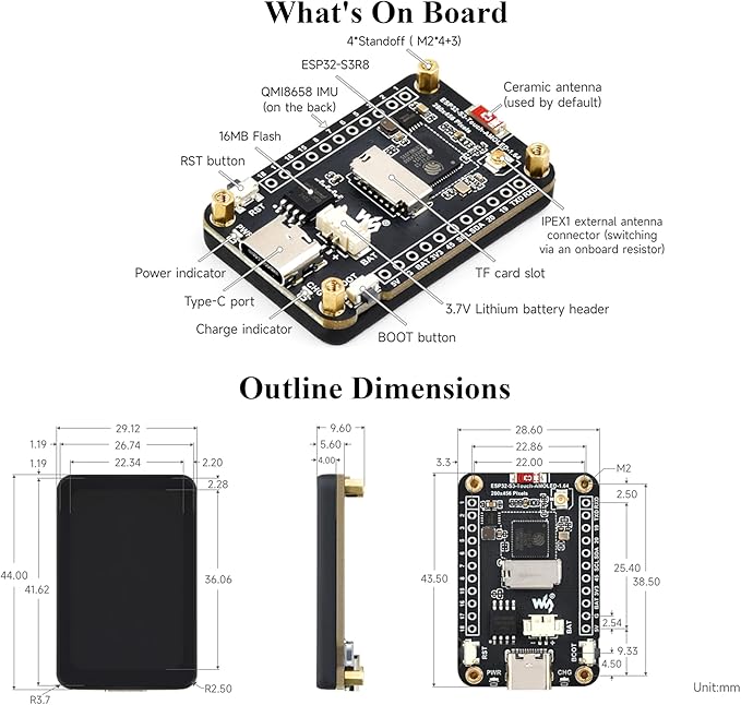 ESP32-S3 1.64inch AMOLED Touch Display Development Board 280x456 QSPI Interface Onboard Accelerometer and Gyroscope Sensor and Other Interfaces ESP32 with Display