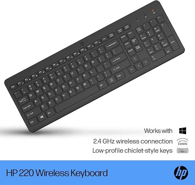 HP 220 Wireless Keyboard - 2.4GHz Connectivity w/Data Encryption - Low-Profile Chiclet Keys - Win/Mac - Laptop PC Compatible - Shortcut Keys &amp Num Pad - LED Num Caps &amp Scroll Lock (‎‎805T2A