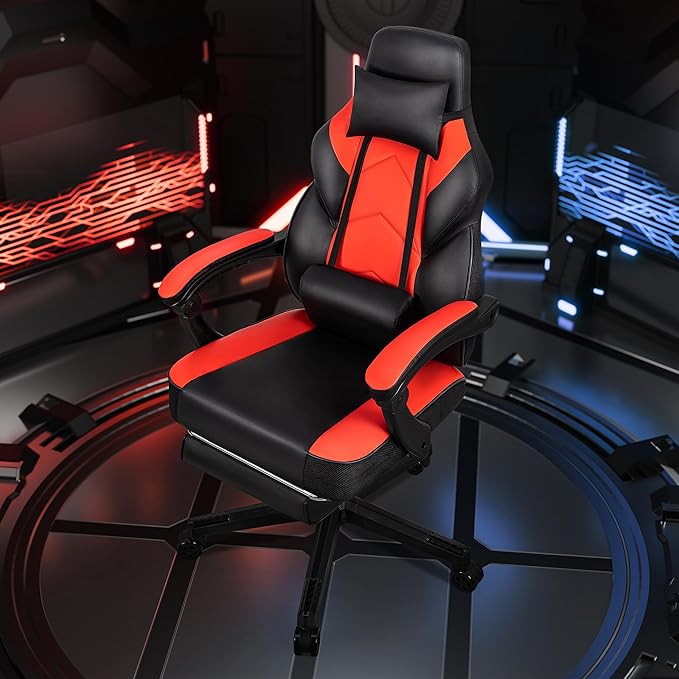 Gaming Chairs for Adults Computer Chair with Footrest High Back Big and Tall Gamer Chair‘s with Massage Lumbar Support 360° Swivel Height Adjustable Computer Chaires Dark Red