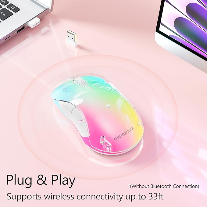 memzuoix 2.4G Wireless Mouse with Customizable Cover &amp 9-Color LED - Rechargeable Ergonomic 1400 DPI 5 Buttons USB Receiver for PC/Mac - Pink
