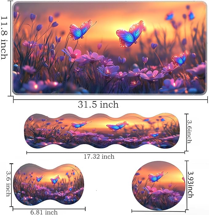 Keyboard Mouse Pad SetLarge Desk Pad+Keyboard Wrist Rest+Mouse Wrist Support+CoasterEasy Typing Pain Relief Non-Slip Wrist Support Mousepad Set Home OfficeGlowing Butterflies Flowers