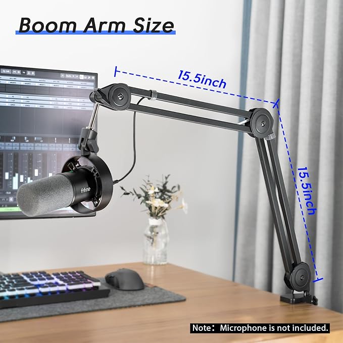 FIFINE Microphone Arm Stand-Heavy Duty Boom Arm Suspension Scissor Adjustable Mic Stand with Desk Mount C-calmp 5/8 Screw Cable Ties for Recording Gaming Streaming Podcasting-BM63