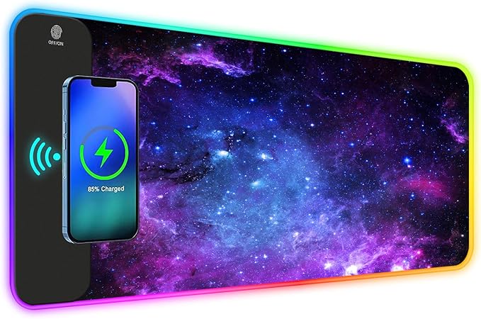 ToLuLu RGB Gaming Wireless Charging Mouse Pad 7.5/10/15W 10 Light Modes LED Mouse Pad Computer Keyboard Mat Mousepad 800x300x4MM Extended Large Desk Mat for MacBook Laptop PC Purple Galaxy Space