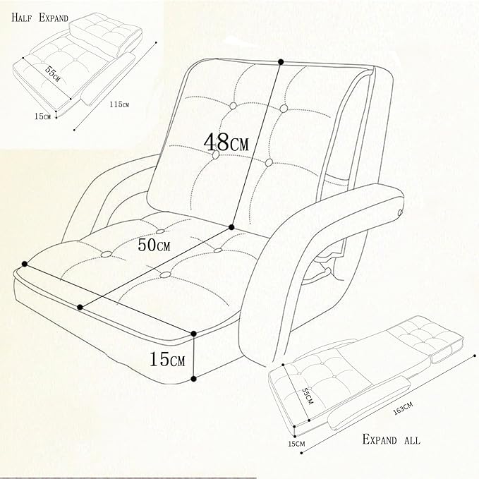 Floor Chair with Back Support Folding Sofa Chair with 5 Adjustable Position Padded Sleeper Bed Couch Recliner Floor Gaming Chair Gaming Floor Chairs for AdultsWhite