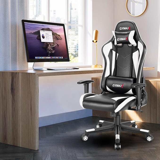 GYMAX Computer Gaming Chair Racing Style Office Chair with Adjustable Lumbar Support Headrest 360° Swivel Height Adjustable Ergonomic Reclining Gaming Chair for Home Office Leisure Room (White)