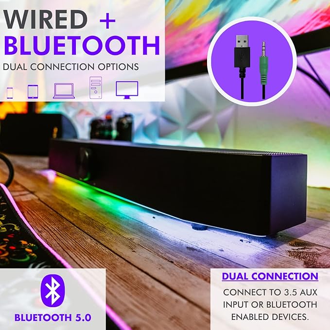 Tilted Nation Gaming Soundbar - Monitor Sound Bar for PC - RGB Computer Speakers for Desktop PC (Wireless or USB Wired) Crisp Audio and Adjustable LED