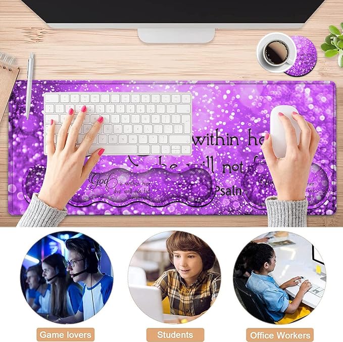 Gaming Mouse Pad XXL Large Desk Mat Psalm 465 Bible Purple Extended Non-Slip Rubber Mice Pads Stitched Edges(31.5x11.8 in)Ergonomic Premium Memory Foam Keyboard Wrist Rest and Black Mouse Pad Set
