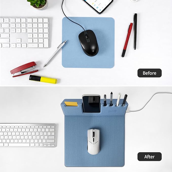 Mouse Pad with Phone Holder &amp Pen Holders Wireless Charging Desk Mat Mousepad Home Office Desk Pad with Ultra-Smooth Surface Non-Slip Base Waterproof Keyboard Pad Classic Blue Desk Mat
