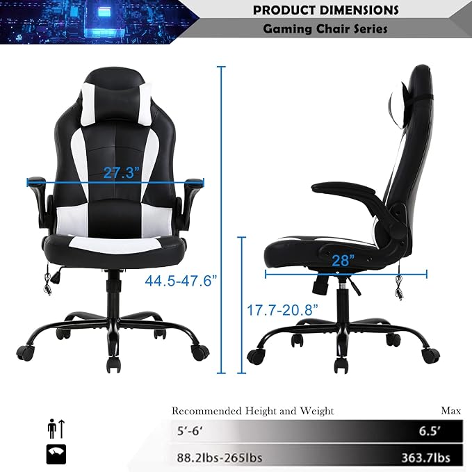 Massage Gaming Chair for Adults PC Silla Gamer Cheap Game Ergonomic Desk with Headrest Lumbar Support High Back Video Chairs Kids Ages 8-12 White 1