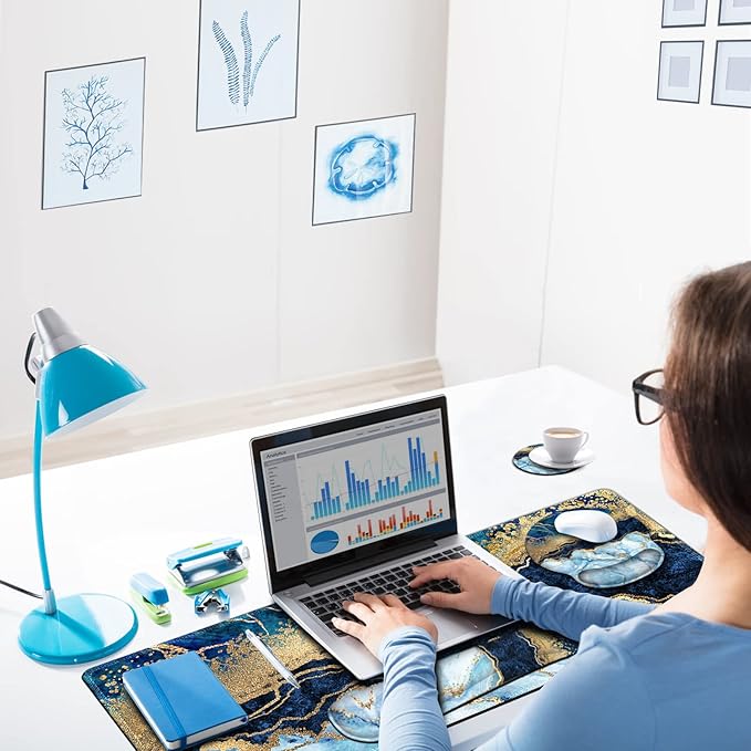 ARTSO Large Mouse Pad Ergonomic Keyboard Wrist Rest Support Set Memory Foam Gel Wrist Pad Extended Desk Mat Protector Non-Slip Desk Blotter Blue Marble