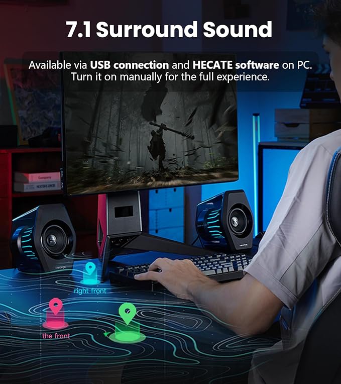 Edifier G2000 Pro 2.0 RGB Gaming Speakers with 64W Peak Power Virtual 7.1 Surround Sound 270° TempoFlow Light Sync Bluetooth 5.4/USB-C/AUX for PC PS5 Game Console (Black)