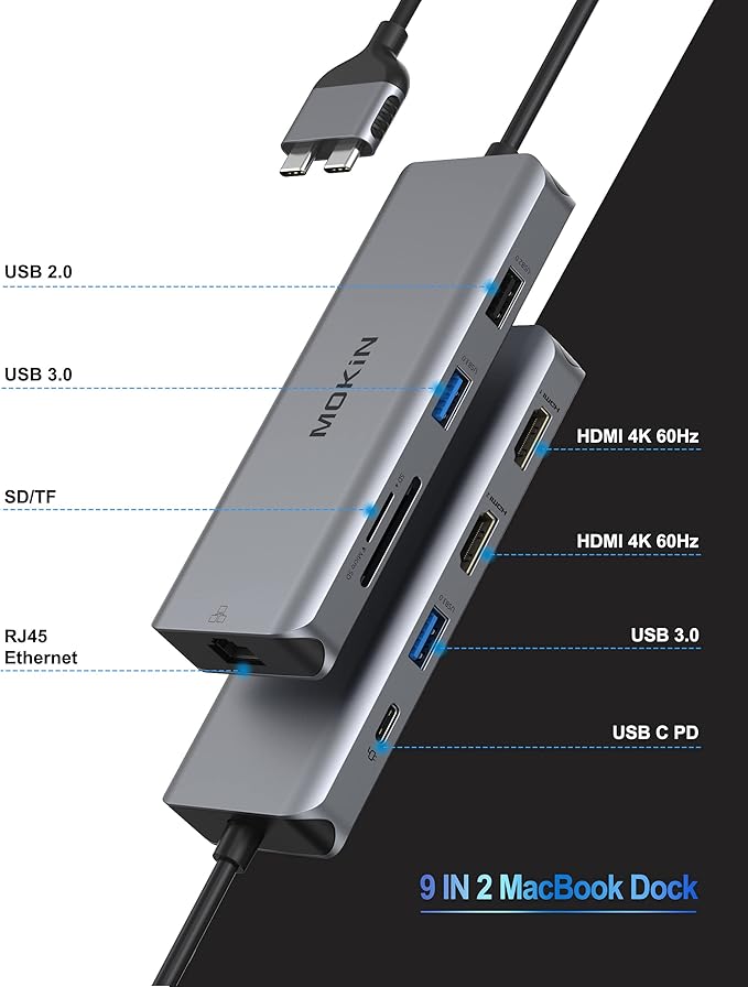 MacBook Pro Docking Station Dual Monitor MacBook Pro HDMI Adapter9 in 1 USB C Adapters for MacBook Pro Air Mac HDMI Dock Dongle Dual USB C to Dual HDMI Ethernet 3USB SD/TF100W PD