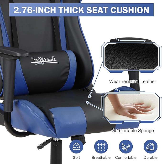 BLKMTY Gaming Chair Office Chairs High Back Computer Leather Desk Chair Racing Executive Ergonomic Adjustable Swivel Task Chairs with Headrest and Lumbar Support Blue