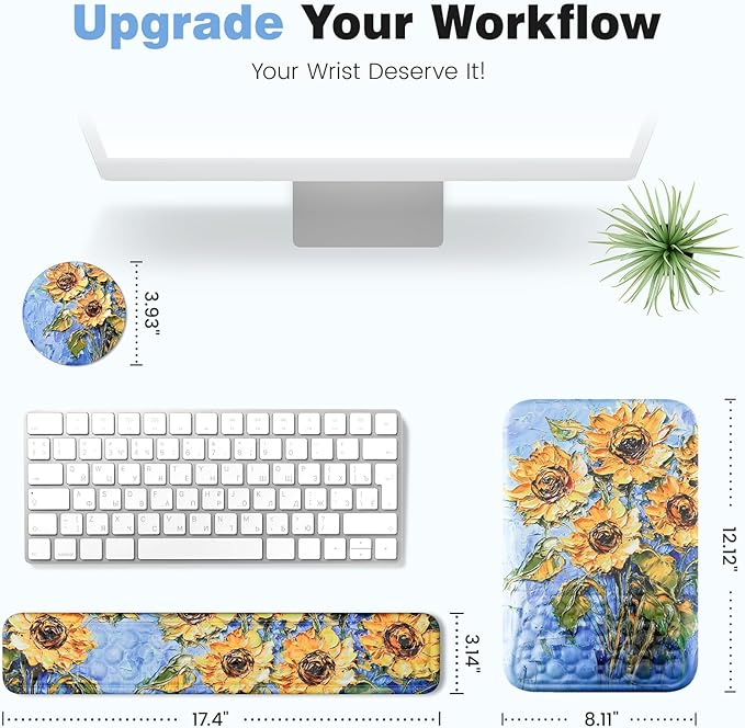 Ospelelf 3 in1 Ergonomic Wrist Rest Pad for Computer Keyboard and Mouse Large Mouse Pad Set with Support for Office Sunflower