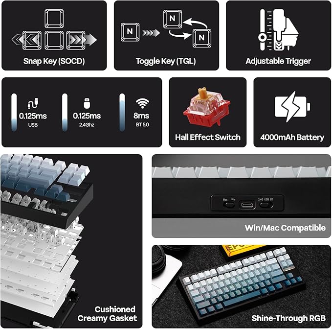 EPOMAKER G84 HE Wireless Hall Effect Keyboard 8K Polling &amp 8000mAh SOCD &amp DKS Gaming Keyboard with Fast Trigger &amp Adjustable Actuation RGB Backlit PBT Keycap Hot-Swap for Win/Mac (B
