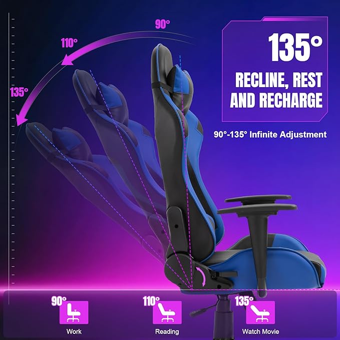 DIKEP Gaming Chair PC Computer Chair with Footrest and Lumbar Support PU Leather Headrest and Height Adjustable Ergonomic Reclining Chair w/ 360° Swivel Seat for Office and Home - Black &amp Blue