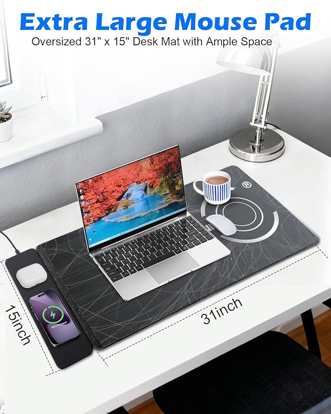 Wireless Charging Mouse Pad 30x15 XXL Large Desk Mat with Wireless Charger Two Layers Thicken PU+Felt Waterproof Mousepad for Laptop 2 in 1 Charging Station for iPhone