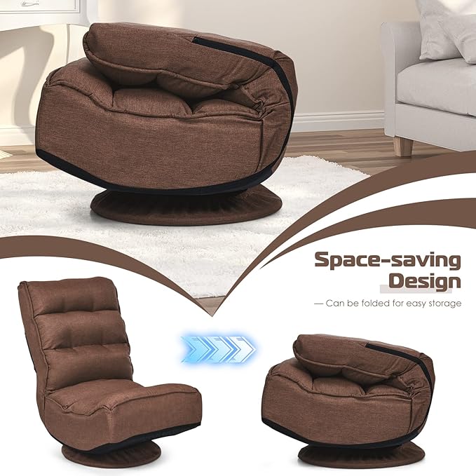 COSTWAY Folding Floor Chair Adjustable 5-Position Video Gaming Chair with 360 Degree Swivel Detachable Cover Padded Backrest Multipurpose Living Room Floor Lounger for TV Reading Playing Coffee