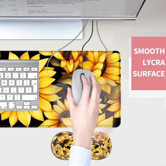 Mouse PadLarge Desk Mat Set 4in1 XL Mousepad + Keyboard Wrist Rest+Mouse Wrist Rest+Coaster with Ergonomic Desk Pad for Home Office Table Computer Cover -Yellow Sunflowers