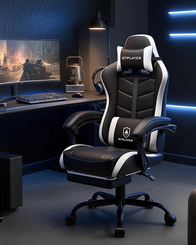 GTPLAYER Gaming Chair Ergonomic Computer Office Chairs for Adults with Footrest Height Adjustable Linkage Armrests 90-155° Recline &amp Headrest Lumbar Support Black &amp White