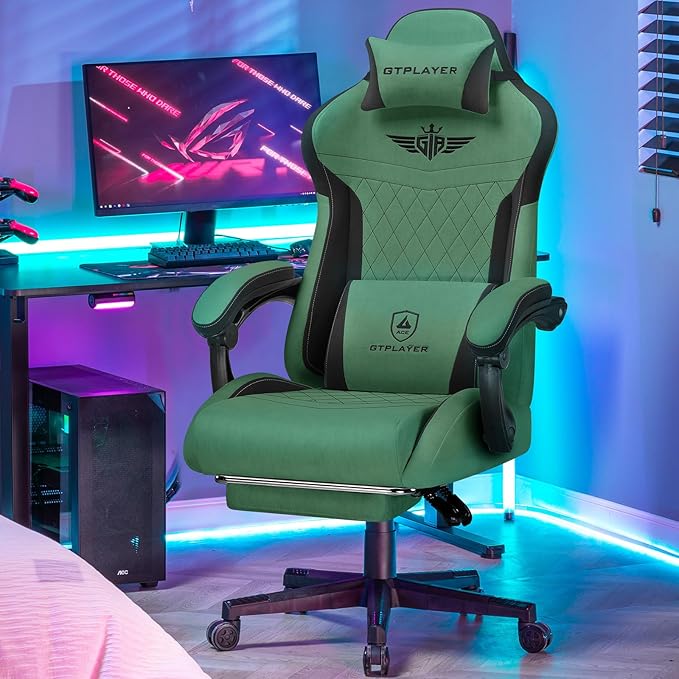 GTPLAYER Gaming Chair Video Game Chairs with Footrest and Lumbar Support Computer Chair for Adults with Extended Backrest Ergonomic Reclining Silla Gamer Fabric Green