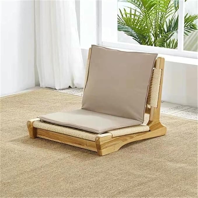 ELEFOCUS Tatami Floor Chair with Rattan Backrest Comfortable Legless for Living Room Bedroom Natural Straw