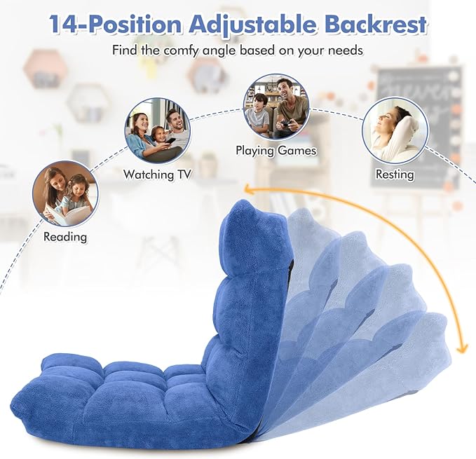 GOFLAME 14-Position Folding Floor Chair Padded Gaming Lazy Sofa Chair with Adjustable Backrest Couch Recliner Sleeper Bed Lounge Chair for Reading Gaming Meditating (Blue)