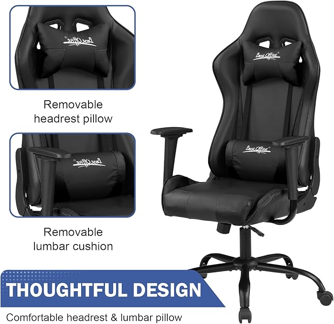 BLKMTY Gaming Chair Office Chairs High Back Computer Leather Desk Chair Racing Executive Ergonomic Adjustable Swivel Task Chairs with Headrest and Lumbar Support Black