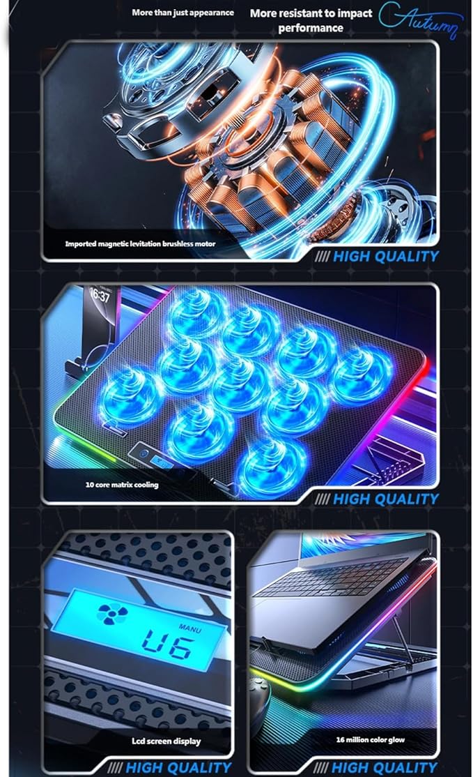 Ergonomic RGBs Laptop Coolers for Gaming Devices Universals 14-17.3inch Enhances Heat Transfer Metal Construction Fast Speed Laptop Coolers