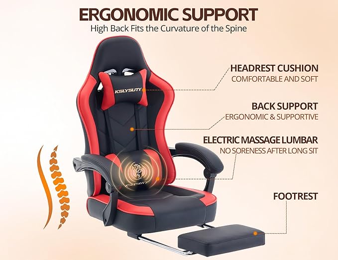 Office Chair Breathable Leather with Pocket Spring Cushion Wide and High Ergonomic Computer Gaming Chair with Headrest and Footrest for Adult and Teen Black and Red