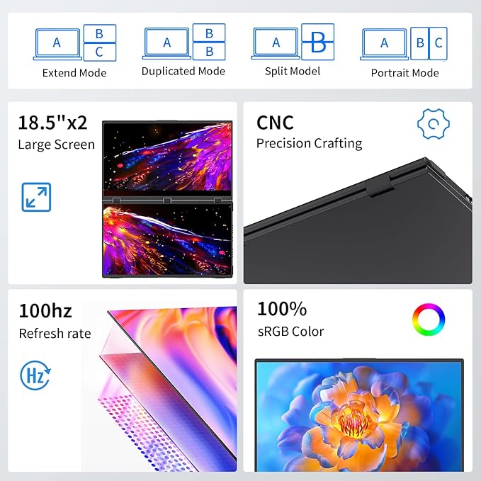 Portable Dual Monitors 18.5 1080P Dual Laptop Screen Extender Foldable Second Monitor Plug &amp Play with No Driver Needed Ideal for Home &amp Office Work with Wins &amp macOS
