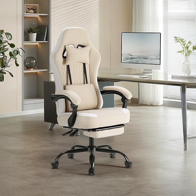 Sweetcrispy Computer Gaming Chair - High Back Ergonomic Desk Chair with Footrest and Lumbar Support Height Adjustable Task Chair with Linkage Armrests and Headrest 360°Wheels Fabric Khaki