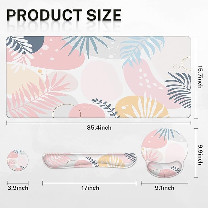 Arttown Pink Flower Botanical Desk Mat Leaves Vintage Mouse Pad Set with Wrist Support 4-in-1 Large Mousepad+Keyboard Wrist Rest+Mouse Wrist Rest+Coaster with Ergonomic Design Non-Slip Mat