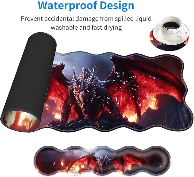 Large Mouse Pad and Keyboard Wrist Rest Desk Pad for Keyboard and Mouse 4-in-1 Large Gaming Mouse Pad with Wrist Support Desk Mat for Home Office Study Game-Dragon in Flames