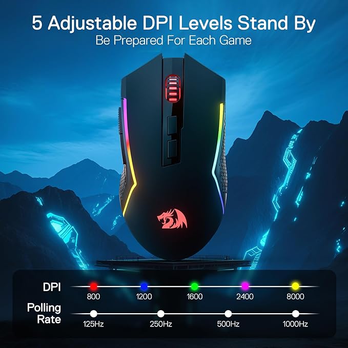 Redragon M693 LIT Wireless Gaming Mouse 12800 DPI Mice w/ 3-Mode Connection BT &amp 2.4G Wireless 7 Macro Buttons Reliable Power Capacity for PC/Mac/Laptop