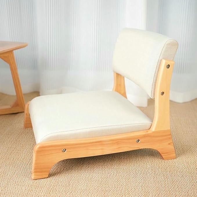 ELEFOCUS Tatami Chair with Upholstery Comfortable Floor Seat for Meditation Living Room Bedroom Bay Window(Beige Cotton LinenTimber)