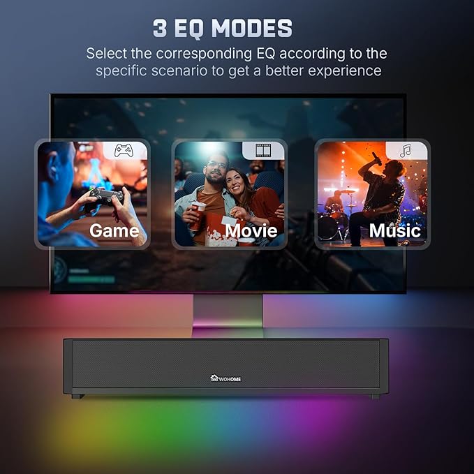 Wohome 2.1 Computer Speakers for Desktop PC Bluetooth 5.3 Computer Sound Bar with HiFi Sound 7 RGB Light Modes DC Powered Laptop Speakers with 3.5mm AUX-in/USB Connected for Game Music and Movie