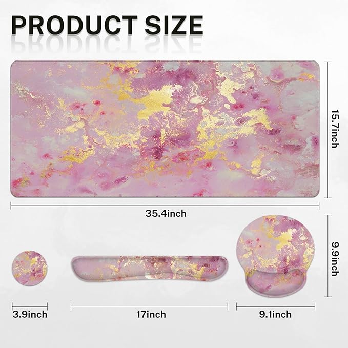 Britimes Pink Gold Liquid Marbling Keyboard Mouse Pad Set 4in1 Large Mousepad+Keyboard Wrist Rest+Mouse Wrist Rest+Coaster Set with Ergonomic Design for Home Office Computer 35.4x15.7 inches