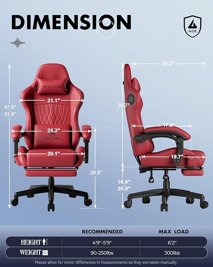 GTPLAYER Gaming Chair for Adults Ergonomic Video Game Chairs Footrest &amp Linkage Armrest Reclining High Back Silla Gamer with Speakers for Home Office Ace Pro Wine Red
