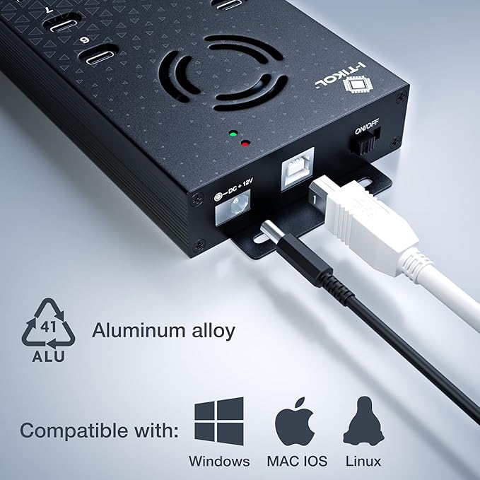 USB 2.0 Hub Type-C Multi Safety 10 Ports Powered with AC Adapter Aluminum USB Splitter with Cooling Fan - Type C for Laptops &amp PC PCFlash Drives HDD Hard Drive Mouse XPS Xbox Keyboard