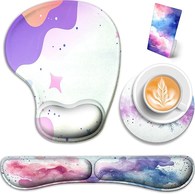 AQQA Colorful Star Large Mouse Pad Set Pink Desk Mat for Desktop Women Girls Purple Waterproof Desk PadMouse Wrist Rest+Coaster Ergonomic Design for Home Office Computer 31.5x15.7Inches