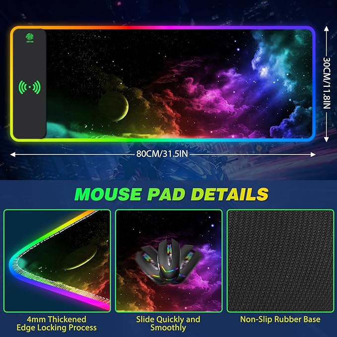 AIMSA Wireless Charging RGB Gaming Mouse Pad 15W Extended LED Desk Mat Protector 800x300x4MM 14 Light Modes Extra Large Mousepad Non-Slip Rubber Base Desk Mat Nebula Universe
