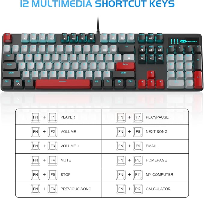 MageGee Mechanical Gaming Keyboard New Upgraded 104 Keys Blue Backlit Keyboards with Blue Switches USB Wired Mechanical Computer Keyboard for Laptop Desktop PC Gamers(Black &amp Gray)