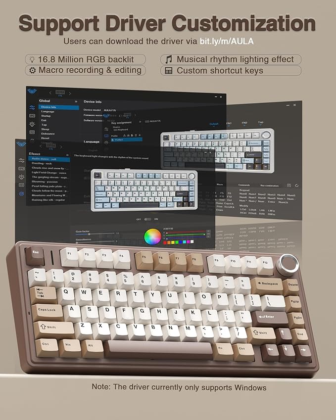 AULA F75 75% Wireless Mechanical Keyboard Hot Swappable Creamy Keyboard Pre-lubed Linear Switches 2.4GHz/Type-C/BT5.0 RGB Backlit Gaming Keyboards(White&ampBrown)