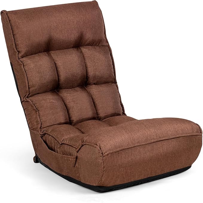 KOMFOTT Folding Floor Chair for Adults Floor Gaming Chair with 5-Position Adjustable Headrest &amp 4-Position Adjustable Backrest Side Pocket Floor Seating Lazy Sofa for Reading Meditating Brown
