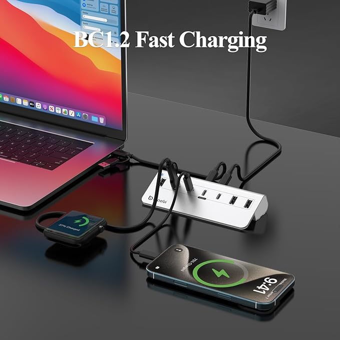 USB C HubPowered USB Hub with 5V 3A Power Adapter 10Gbps USB Splitter with 4 USB-A and 3 USB-C Ports 7-Port Type C Multiport Adapter for MacBook Air/Pro iPhone 16/15 Laptop and More(Silver)