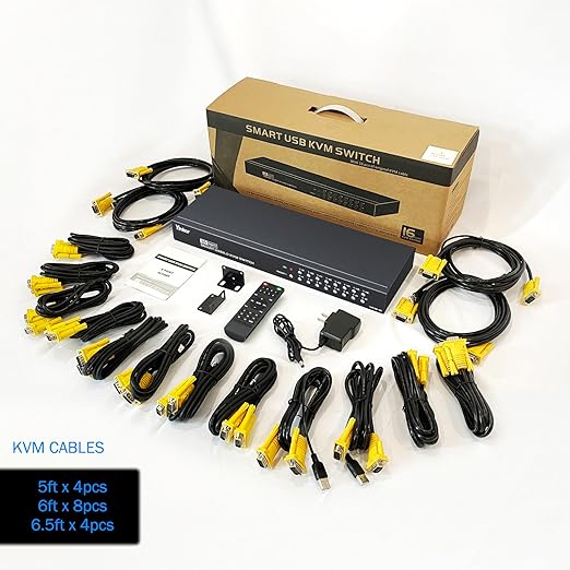 16 Port KVM Switch VGA Rack Mount KVM Console VGA 16x1 w/16-Pack KVM Cables IR Remote &amp Rack Mount Ears Support HD 1U 19'' Rack Cabinet