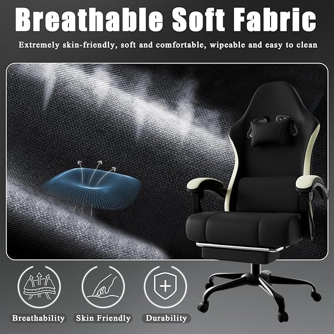 Ergonomic Gaming Chair with Pocketed Spring Cushion Breathable Fabric Computer Chair with Footrest Adjustable Lumbar Support Video Game Chair for Adults