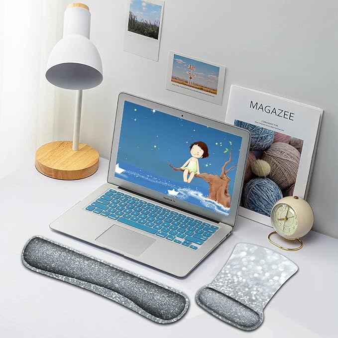 Mouse Pad Wrist Support and Memory Foam Keyboard Wrist Rest Set Ergonomic Gel Mouse Pad for Computer Laptop Desk Pad with Non Slip PU Base Silver Gilt Glitter Pattern Gaming